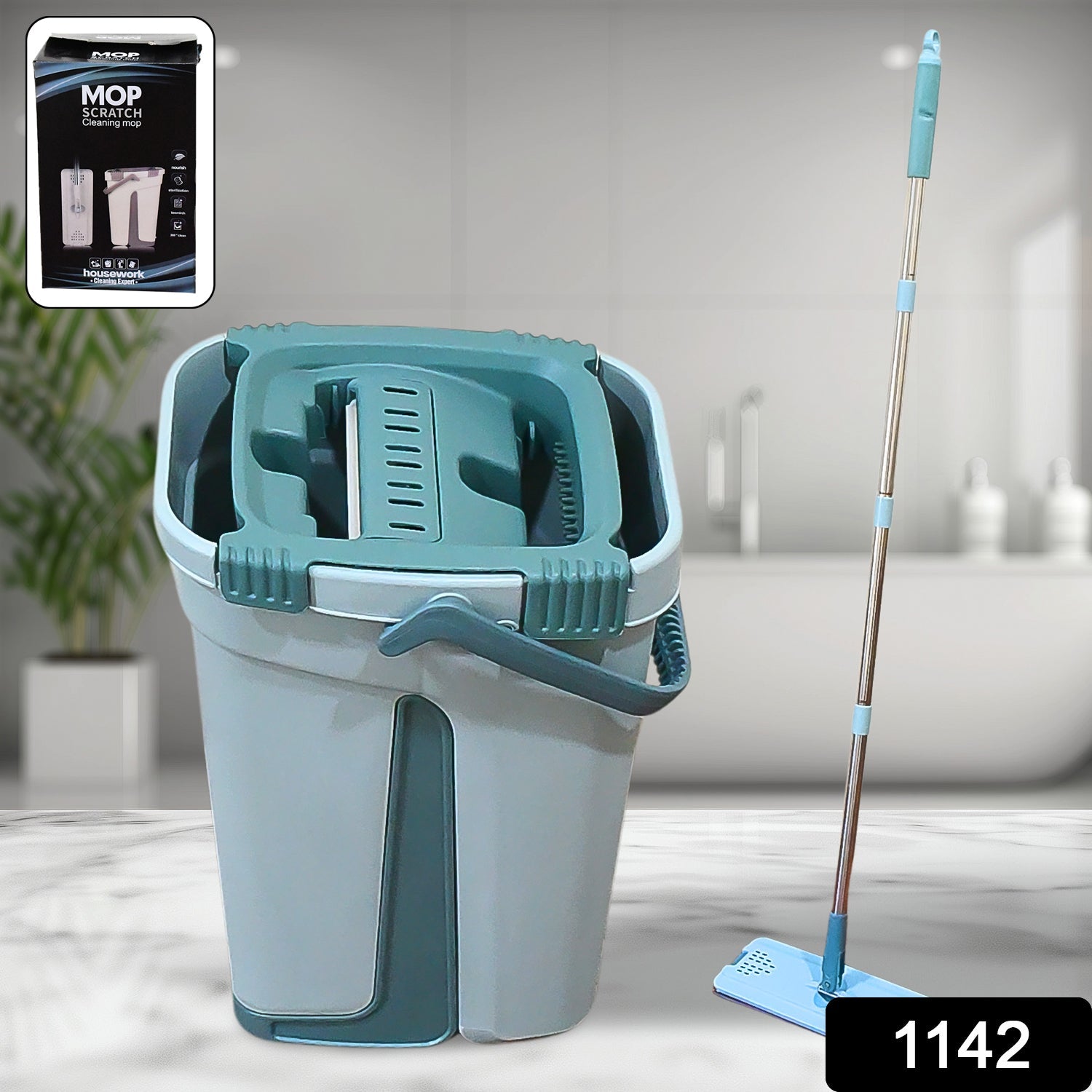 2-in-1 flat mop with self-cleaning and hands-free wash and dry. 2-in-1 flat mop with self-cleaning and hands-free wash and dry.